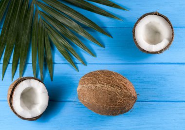 Hindistancevizleri bir bütün ve yarı yarıya. Mavi arka planda palmiye yaprakları var. Yukarıdan görüntüle. 