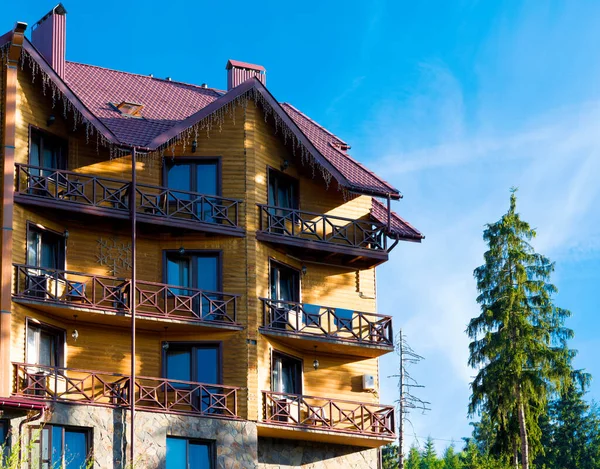 Ahşap ev, dinlenmek için tasarlanmış, bir çam ormanında yer alıyor.