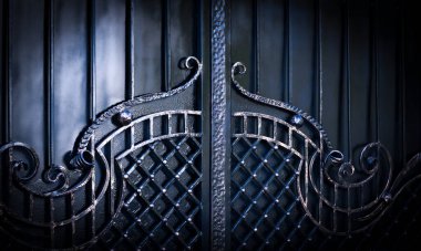 Parkta işlenmiş demir bir çitin üzerine süs dökmek.