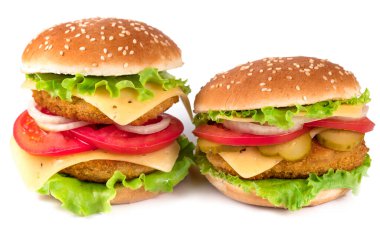 Beyaz arka planda iki lezzetli hamburger.