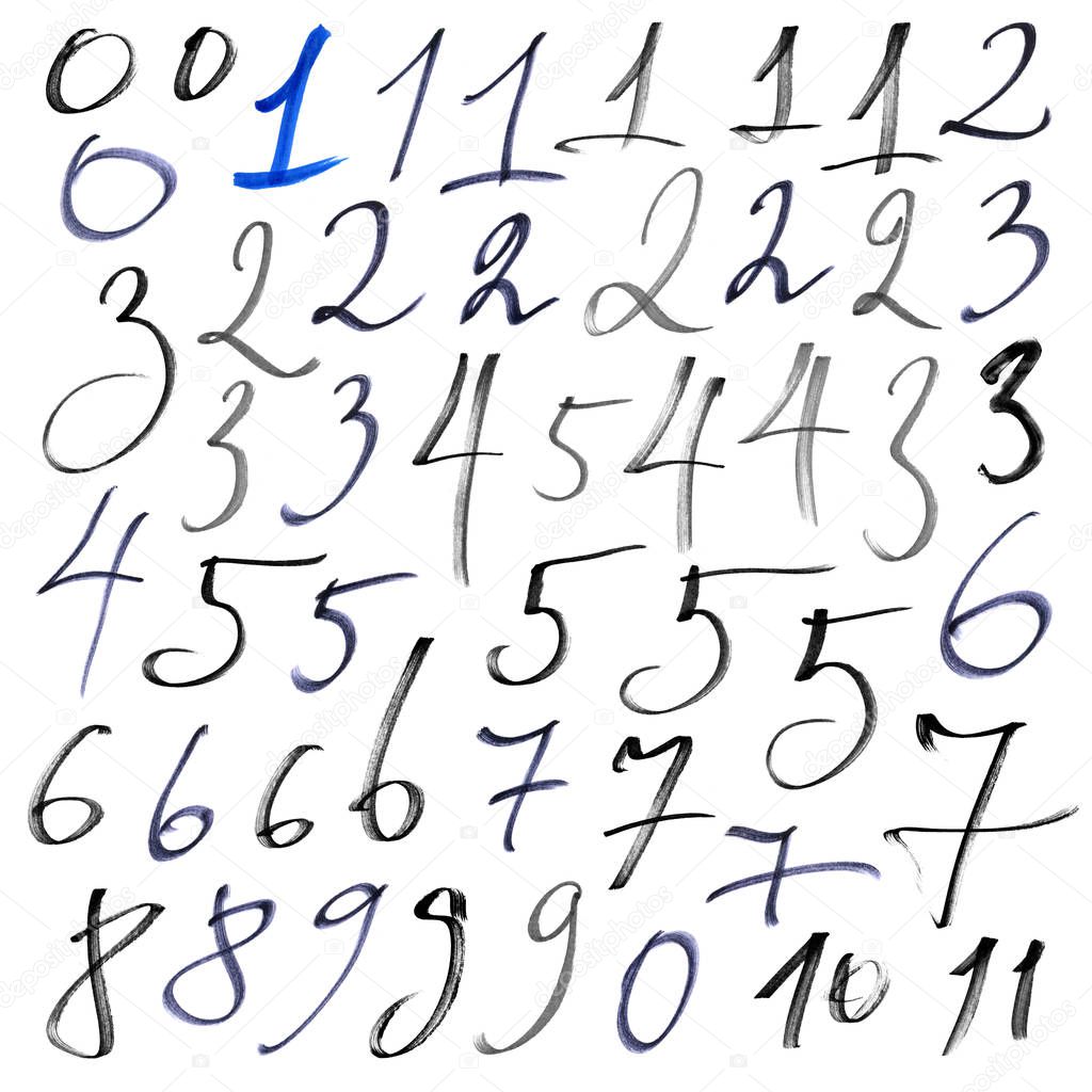 Numbers from 0 to 10 are written with black and blue markers on a white board. Sweeping lettering.