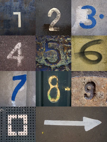 数字的构成从0到9和箭头 数字写在不同的表面上 湿沥青 — 图库照片