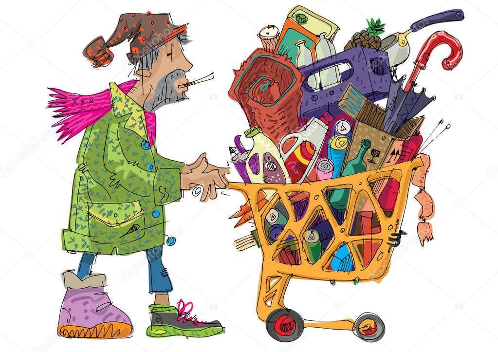 A poor homeless guy with old supermarket cart full of trash and all kind of stuff. Caricature. Cartoon