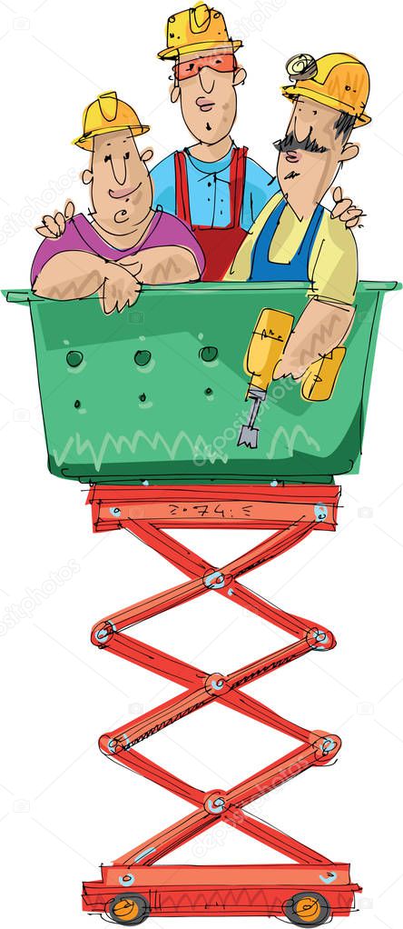 A group of builders in a basket of construction lift. Colleagues. High altitude workers. Cartoon. Caricature.