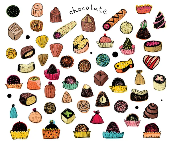 Chocolates dibujados a mano y coloreados . — Vector de stock
