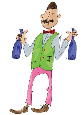 Genç bir bıyıklı sommelier mavi şarap şişeleri getiriyor. Çizgi film. Karikatür.