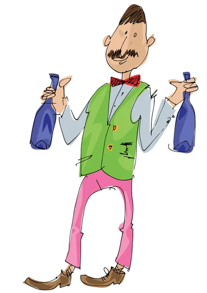 Ung Mustached Sommelier Ger Blå Vinflaskor Cartoon Karikatyr — Stock vektor