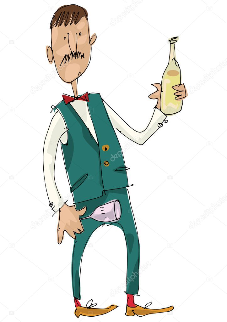 An young mustached sommelier brings