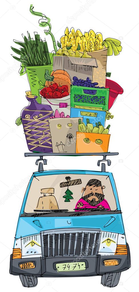 A cute classic european car with a roof trunk full of farmer foods. Cartoon. Caricature.