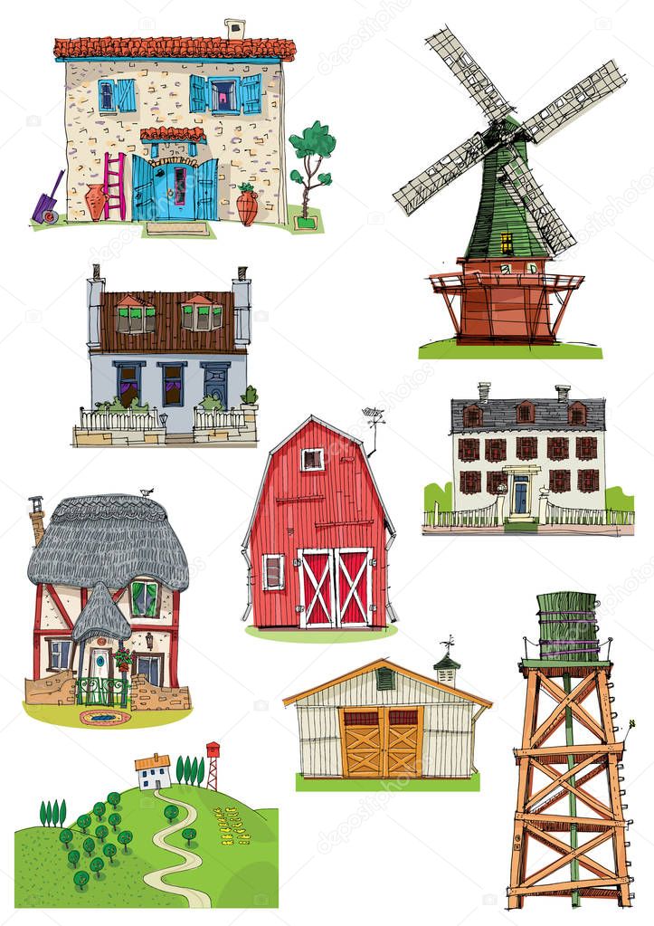 Set of different rural buildings.