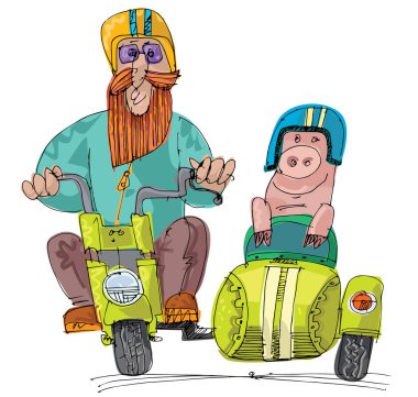 Bir çiftçi ve bebek arabasıyla motosiklet süren bir domuz yavrusu. Komik sahne, karikatür..