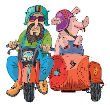 Bir çiftçi ve bebek arabasıyla motosiklet süren bir domuz yavrusu. Komik sahne, karikatür.