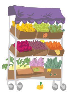 Sebze ve meyve dolu gölgeli bir sokak arabası