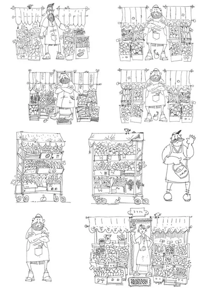 Un vendedor cerca de carros callejeros llenos de verduras y frutas — Archivo Imágenes Vectoriales