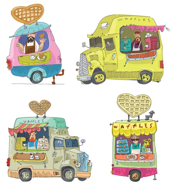 Cute and funny street food vans. — Stock Vector