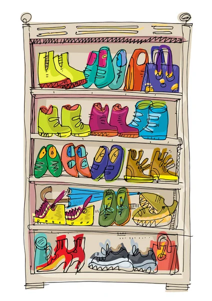 Schoenenrek vol modieuze schoenen. — Stockvector