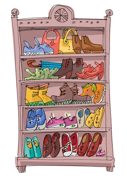 Shoe rack full of fashionable shoes. — Stock Vector