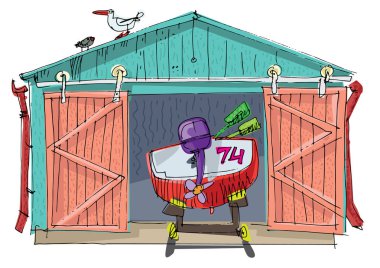 Eski tekne garajında kırmızı bir motorlu tekne. Karikatür. Karikatür. 