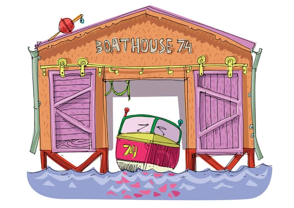 Eski Tekne Garajında Kırmızı Bir Motorlu Tekne Karikatür Karikatür — Stok Vektör
