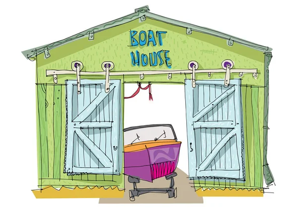 Een Rode Motorboot Vintage Boat Garage Cartoon Karikatuur — Stockvector