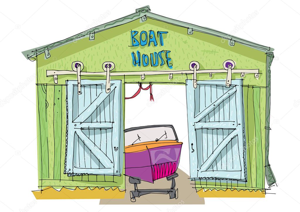 A red motor boat in vintage boat garage. Cartoon. Caricature. 