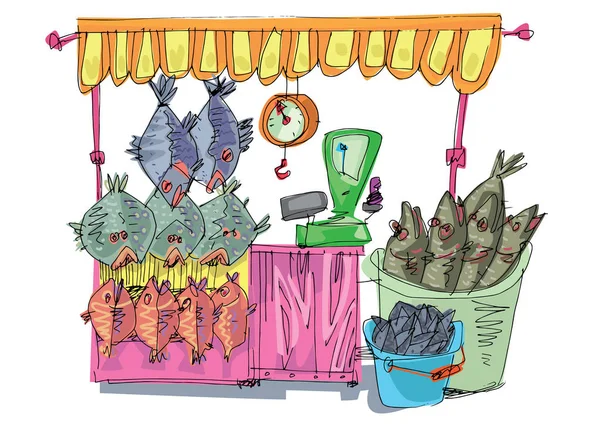 Lindo Mercado Mariscos Lleno Todo Tipo Comida Marina Oceánica Dibujos — Archivo Imágenes Vectoriales