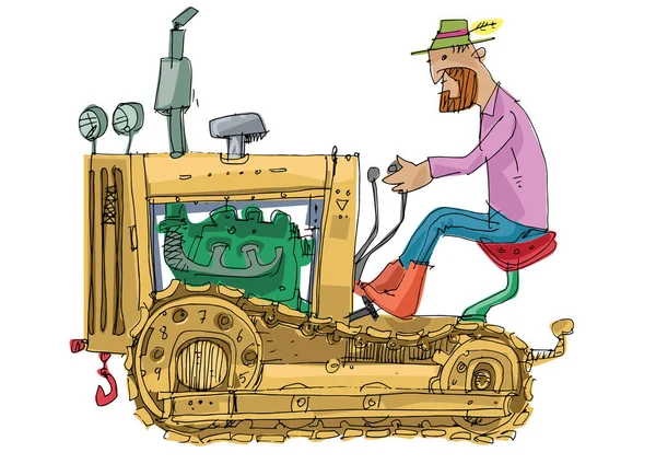 Ein Bärtiger Bauer Fährt Einen Veralteten Traktor Karikatur Karikatur — Stockvektor