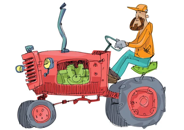 Granjero Barbudo Está Conduciendo Tractor Agrícola Obsoleto Dibujos Animados Caricatura — Archivo Imágenes Vectoriales