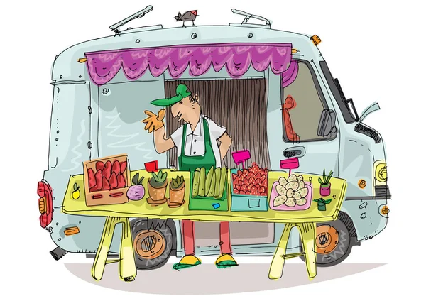 귀여운 트레일러가 식료품 시장에 있습니다 시장에는 야채와 과일들이 있습니다 만화요 — 스톡 벡터