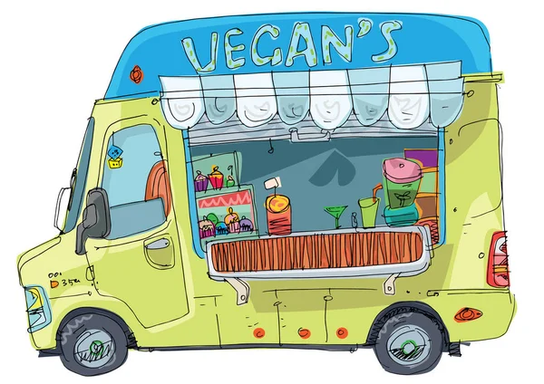 Bonito Vegan Rua Comida Reboque Mini Ônibus Cheio Alimentos Equipamentos — Vetor de Stock