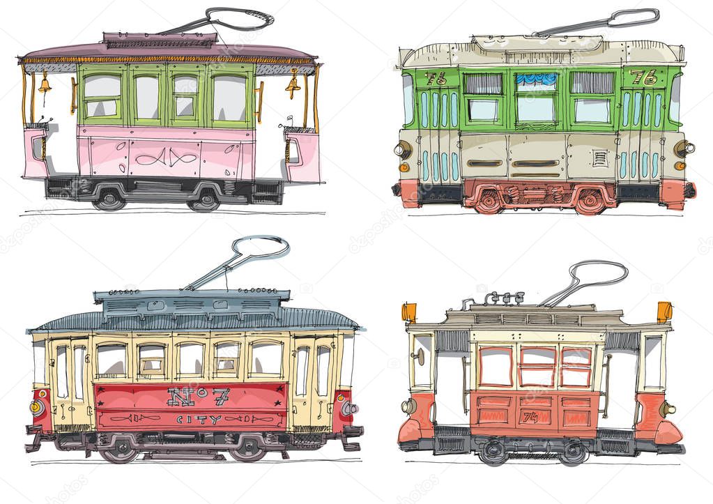 Set of the cutest vintage trams. The heritage of public transport. Cartoon. Caricature.