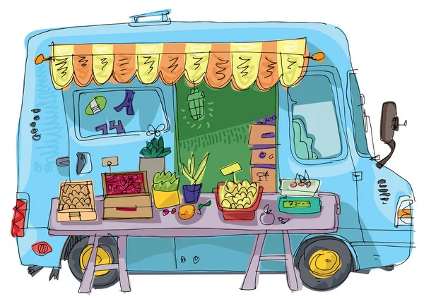 可爱的白色小巴拖车在食品市场上 市场摊位上摆满了蔬菜和水果 卡通片 — 图库矢量图片