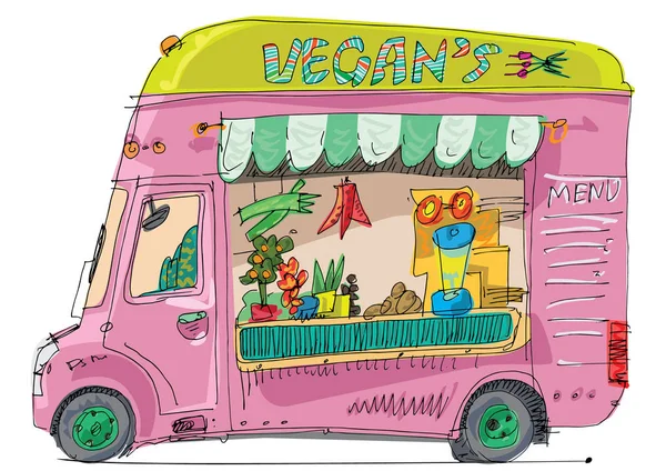 Bonito Vegan Rua Comida Reboque Mini Ônibus Cheio Alimentos Equipamentos — Vetor de Stock