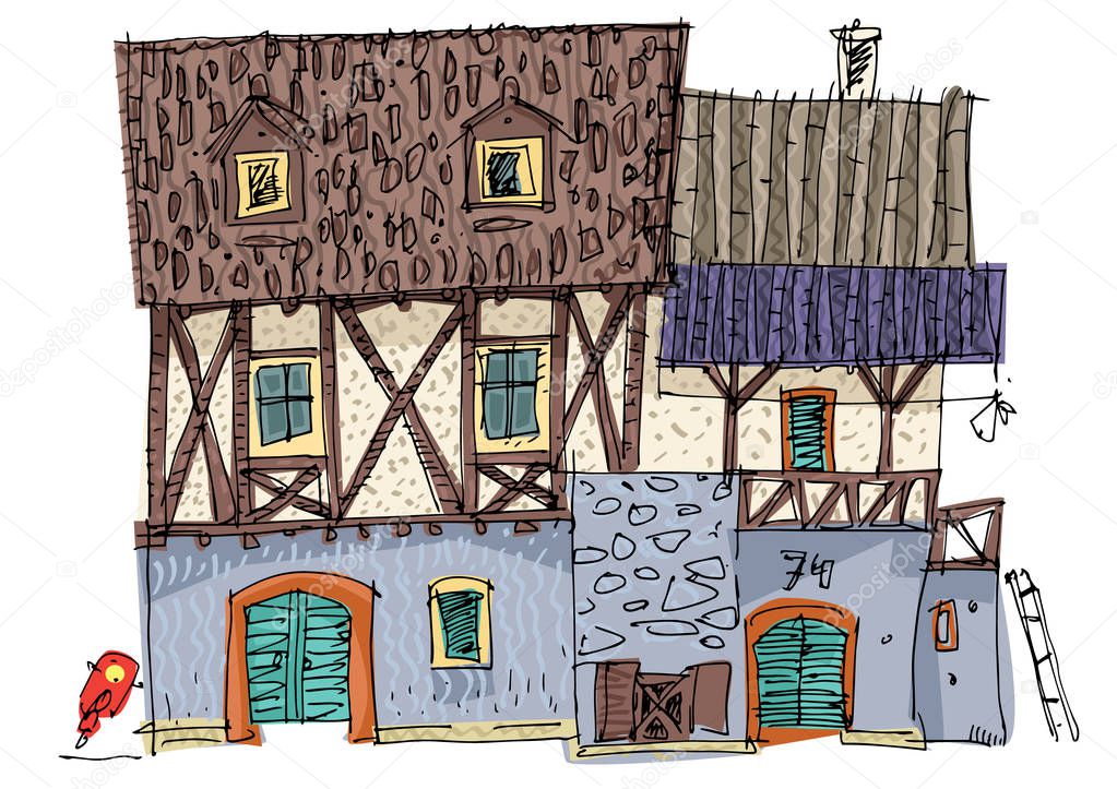 A really old medieval half timbered house with stone ground floor. Cartoon. Caricature.
