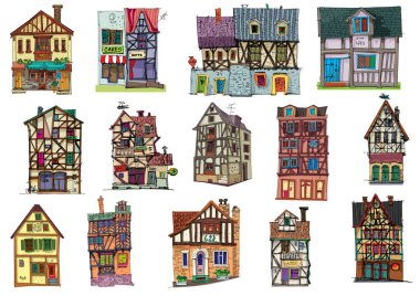 A big set of cute old half timbered houses. Medieval facades. Cartoon. Caricature. clipart