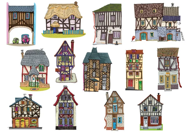 Большой Набор Милых Старых Деревянных Домов Средневековые Фасады Мультфильм Карикатура — стоковый вектор