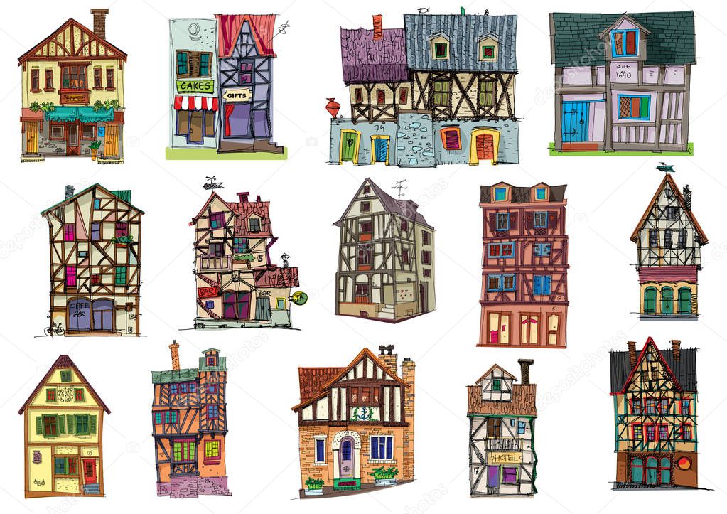 A big set of cute old half timbered houses. Medieval facades. Cartoon. Caricature.