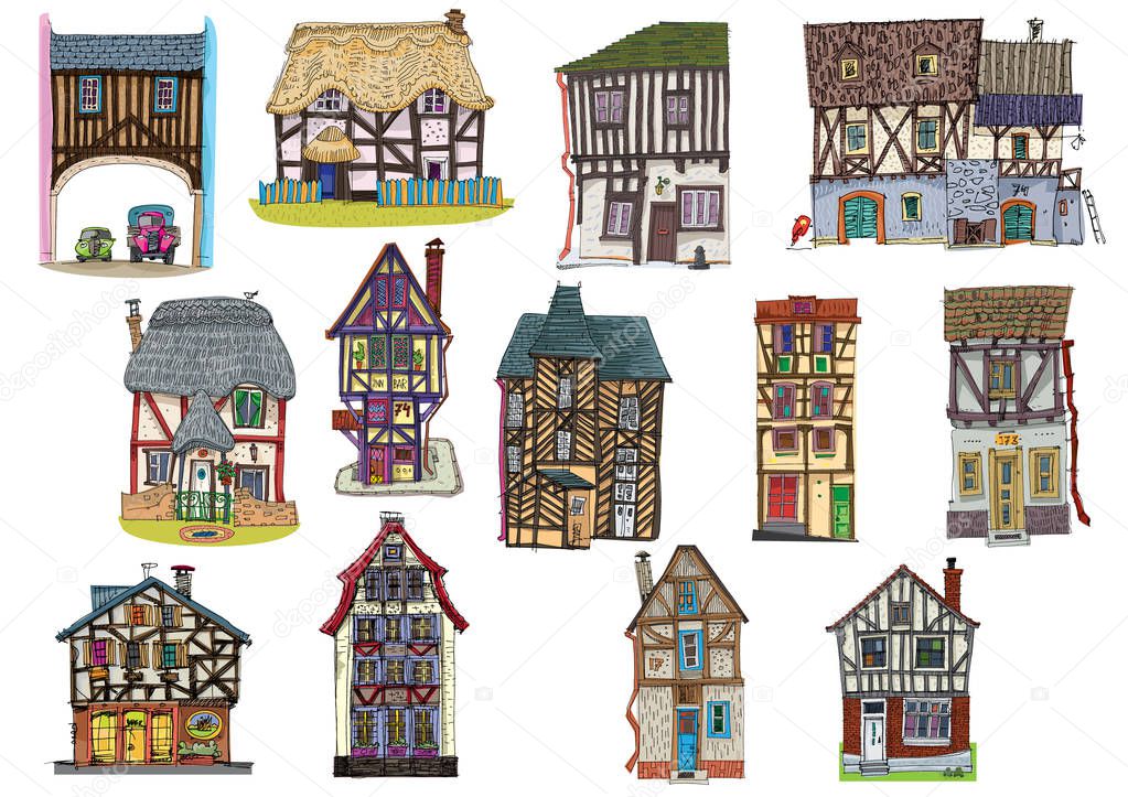 A big set of cute old half timbered houses. Medieval facades. Cartoon. Caricature.