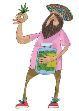 Yamayka tarzı bereli bir kenevir satıcısı marihuana yaprağı ve büyük bir şişe ot tutuyor. Karikatür. Çizgi film.