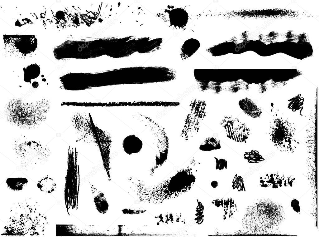 Splatter Paint Texture. Rough background. Different shape splashes. Set of watercolor stains. Black and white graphics. Can be used as background for text or as a design element.