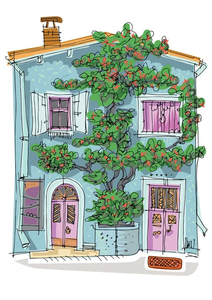 Traditionelle Europäische Fassade Bedeckt Mit Blühenden Pflanzen Handgezeichnete Skizze lizenzfreie Stockillustrationen