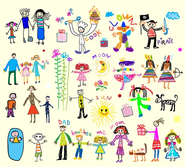 Bebek Çizimleriyle Şirin Bir Desen Mutlu Aile Ben Ailem Erkek — Stok Vektör