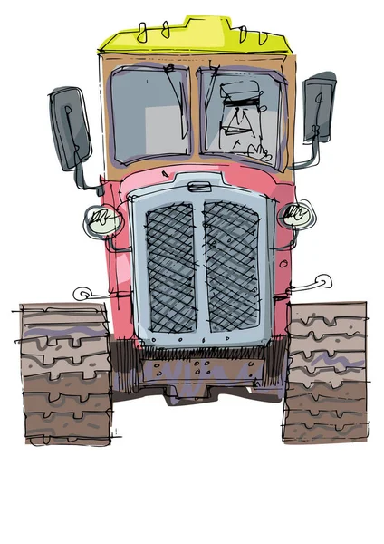 过时的老式爬行拖拉机 毛毛虫拖拉机机械遗产 手绘草图 — 图库矢量图片
