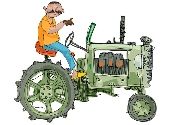 Ein Oldtimer Traktor Wird Mit Einem Schnurrbärtigen Indischen Bauern Gefahren — Stockvektor