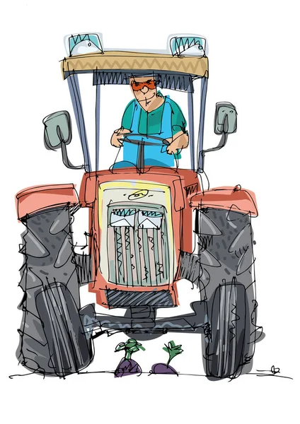 Een Moderne Tractor Vooraanzicht Karikatuur Handgemaakte Schets — Stockvector