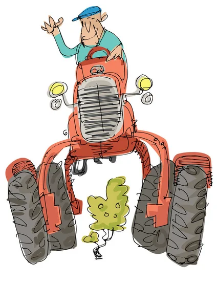ヴィンテージの特別な背の高いトラクター 手描きの戯画 スケッチ — ストックベクタ