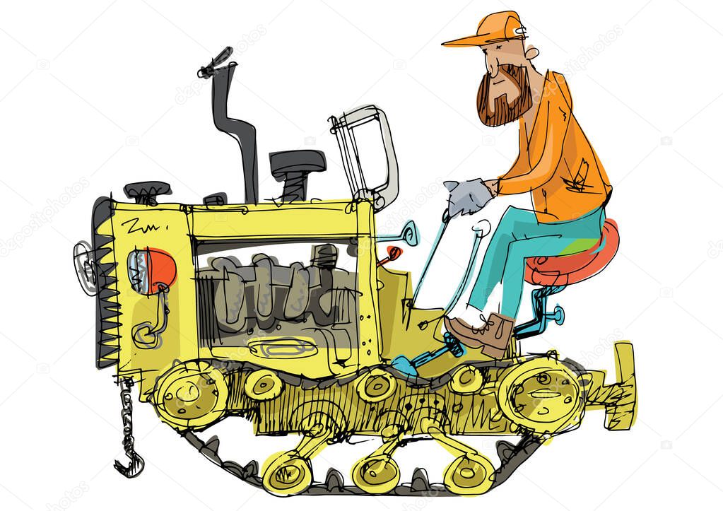 An old fashioned tractor crawler. A hand drawn sketch. Obsolete agricultural machinery. Caricature.