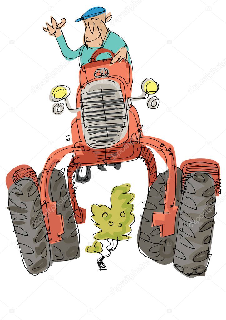 A vintage special tall tractor. Hand drawn caricature. Sketch.