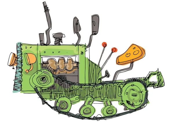 Eski moda bir traktör sürüngeni. El çizimi bir eskiz. Modası geçmiş tarım makineleri. Karikatür.