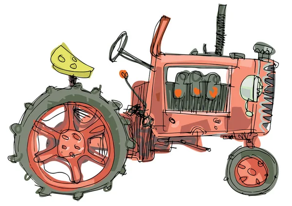 Egy Vintage Kerék Traktor Karikatúra Kézzel Készített Vázlat — Stock Vector